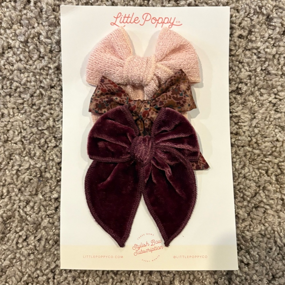 Little Poppy Bow Clip Set - Velvet, Pink, Floral NEW!